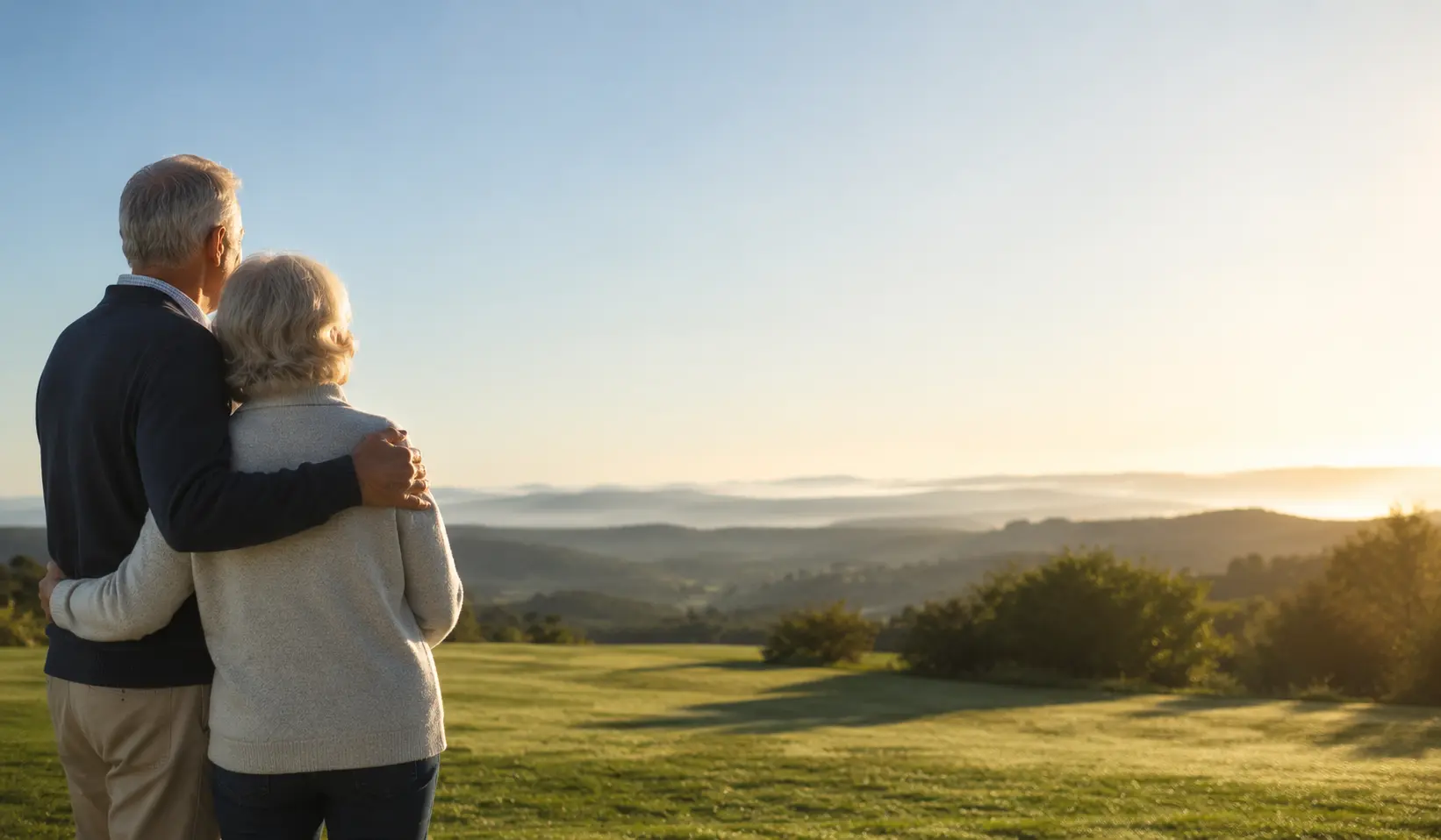 An older couple walking outdoors together in open morning light