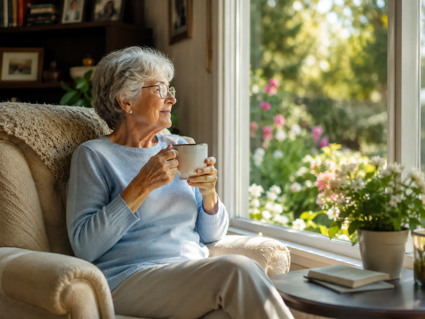 An older woman at home in a familiar chair by a window, calm and self-possessed