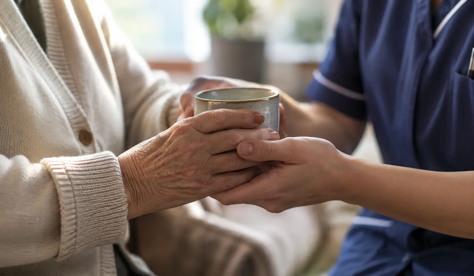 A caregiver's hands steadying the hands of an older adult during a everyday task