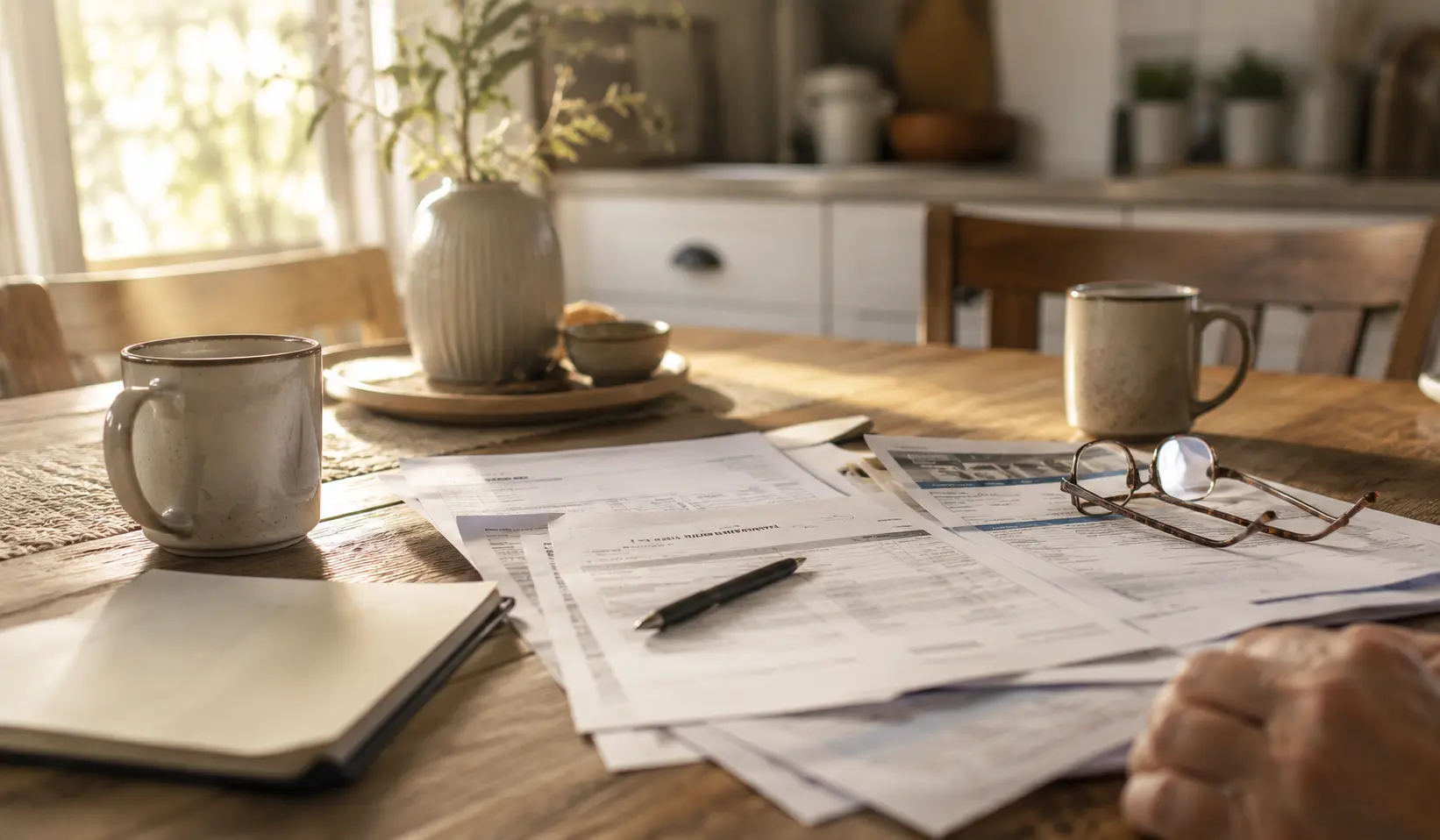 A kitchen table with paperwork, reading glasses and two cups of coffee, where a family works through how to pay for care