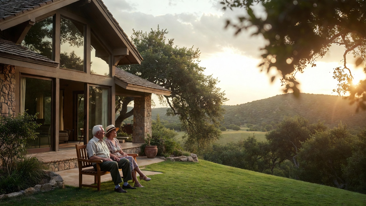 A retired couple sitting together on a bench outside their home, looking out over open countryside in morning light